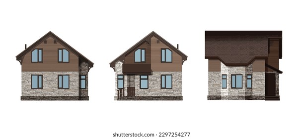 El proyecto de una casa privada con el estilo de un chalé, fachada y vista lateral. Ilustración del cartel