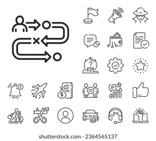 Firma del proceso del proyecto. Salaryman, igualdad de género e iconos de la descripción de timbre. Icono de línea de ruta de viaje. Señal de la línea de la ruta de viaje. Icono de marcador de posición de perfil o espía. Apoyo en línea, huelga. Vector