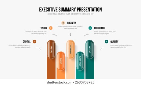 Project Profile Five Step Diagram Frame Design. Market Performance Slideshow Template Vector Illustration. Visual Visualization 5 Option Infographic Slide Layout.