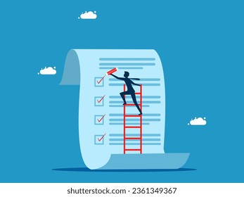 Project progress. Businessman holding a pencil climbs the stairs to check documents 