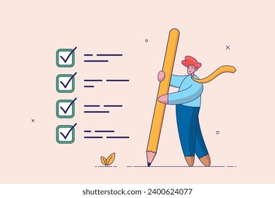 Project progression concept. Getting things done, completed tasks or business accomplishment, finished checklist, achievement, businessman expert holding pencil tick all completed task checkbox.