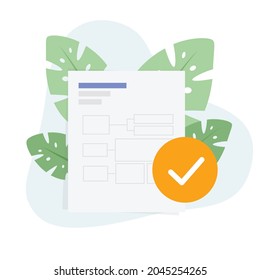 Project proposal approved, flat vector illustration, checkmark, diagram documentation, icon, decorated with green leaves.
