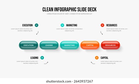 Project Proposal Slide Design Vector Illustration. Marketing Analysis Five Step Diagram Presentation Template. Advertising Development 5 Option Infographic Frame Layout.
