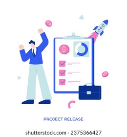 Project release abstract concept vector illustration. Project closing process, acceptance of deliverables, stakeholder final approval, meet budget and deadline, gather feedback abstract metaphor.