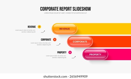Informe de proyecto Plantilla de presentación de infografía de 3 pasos. Crecimiento financiero Diseño de marco de diagrama de tres elementos. Ilustración vectorial de Diseño de Presentación de Diapositivas.