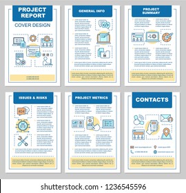 Project report brochure template layout. Programming. Flyer, booklet, leaflet print with linear illustrations. Technical support. Service center. Vector page layouts for magazines, reports, posters