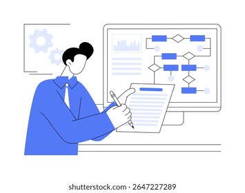 Project requirements isolated cartoon vector illustrations. Concentrated man working with computer, learn business project requirements, software development, IT company office vector cartoon.