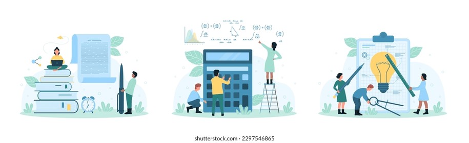 Projektforschung, Innovationssatz, Vektorgrafik. Cartoon winzige Leute arbeiten mit Taschenrechnern auf mathematischen Formeln, schreiben Text für Blog-Inhalte und Artikel, Schüler testen Glühbirne mit Schulwerkzeugen