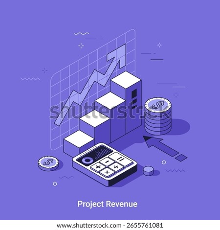 Project revenue isometric vector illustration on purple background. Financial growth with chart, calculator, and coin stack. Investment management concept.