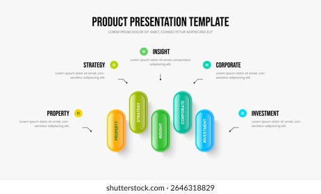 Diseño de presentación de diagrama de 5 elementos de revisión de proyecto. Informe de Producto Plantilla de marco de infografía de cinco pasos. Ilustración vectorial de diseño de diapositivas de campaña de empresa.