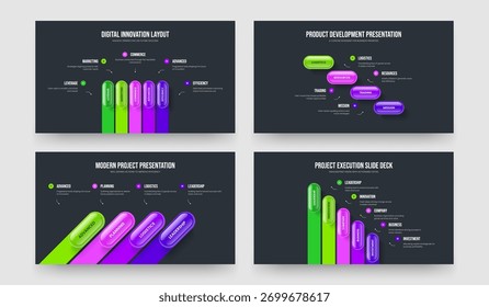 Project Review Five Four Option Infographic Frame Layout Vector Illustration Set. Market Showcase 5 4 Step Diagram Presentation Template Bundle.