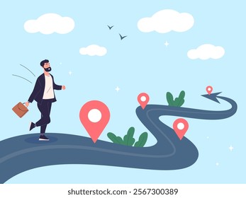 Project roadmap. Business journey milestone on road map, success startup work plan process workflow time line progress businessman manager mission goals route vector illustration original artwork