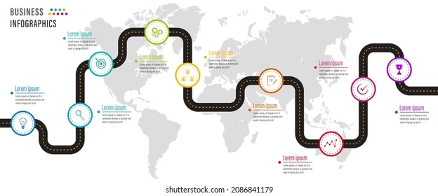 Hoja de ruta del proyecto, infografía de la línea de tiempo, resumen de 9 años, calendario, hitos y logros, 9 opciones infografía
