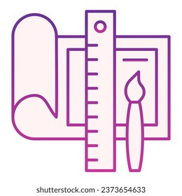 Proyecto con icono plano de regla y pincel. Diseñar iconos violeta de diseño de proyecto en estilo plano de moda. Hoja de papel con herramientas de dibujo diseño de estilo gradiente, diseñada para web y aplicación. Eps 10