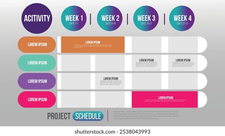 Project schedule activity event chart daily and weekly timetable infographic design template.Overview planning timeline business vector illustration.