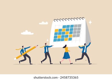 Project schedule, employee timetable, team meeting schedule or appointment, calendar date planning, agenda or project deadline concept, businessman and woman carry big calendar plan with pencil.