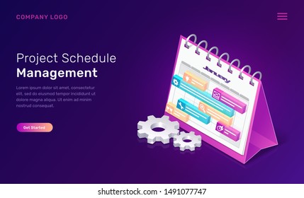 Project schedule management isometric concept vector illustration. Software landing page template for effective work schedule planning, time manager interface, desktop calendar with 3D settings icons