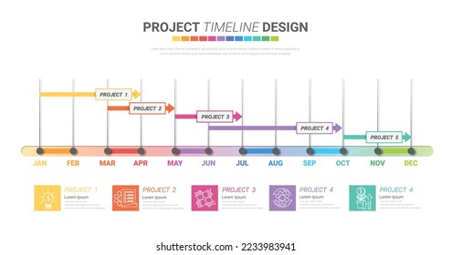 Gráfico de año del programa del proyecto, diagrama de vectores de escala de tiempo de planificación general para 12 meses, plantilla de diseño de infografía mínima.