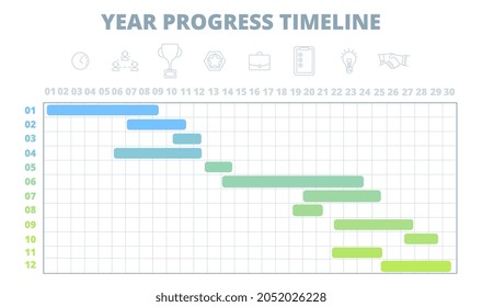 Project Schedule. Year Timeline, Work Development Chart Template. Gantt Diagramm For Business Startup, Infographic Calendar. Planning Utter Vector Scheme