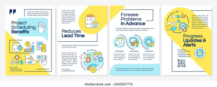 Project scheduling benefits blue and yellow brochure template. Leaflet design with linear icons. Editable 4 vector layouts for presentation, annual reports. Questrial, Lato-Regular fonts used