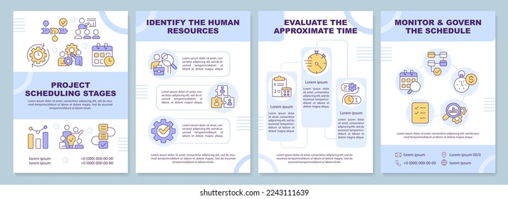 Project scheduling stages blue brochure template. Leaflet design with linear icons. Editable 4 vector layouts for presentation, annual reports. Arial-Black, Myriad Pro-Regular fonts used