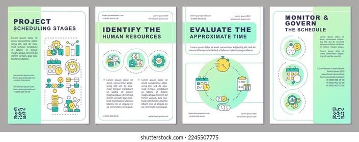 Plantilla de folleto verde para las etapas de programación de proyectos. Diseño del prospecto con iconos lineales. Editable 4 diseños vectoriales para presentación, informes anuales. Fuentes ariales, infinitas Pro-regulares usadas