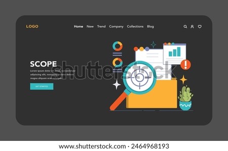 Project scope concept. Detailed illustration featuring magnifying glass on folder, indicative timeline, and charts representing meticulous project planning and scope analysis. Flat vector illustration