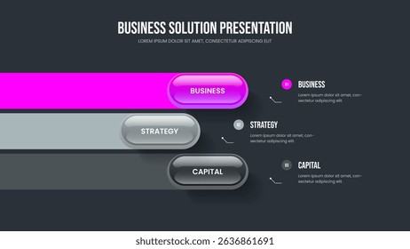 Project Showcase Three Option Diagram Slide Design. Financial Proposal Presentation Template Vector Illustration. Modern Report 3 Step Infographic Frame Layout.