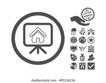 Project Slideshow icon with bonus images. Vector illustration style is flat iconic symbols, gray color, white background.