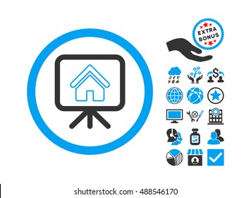 Project Slideshow pictograph with bonus icon set. Vector illustration style is flat iconic bicolor symbols, blue and gray colors, white background.