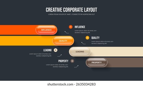 Project Solution Four Element Diagram Presentation Design. Modern Performance Slide Template Vector Illustration. Business Briefing 4 Option Infographic Frame Layout.