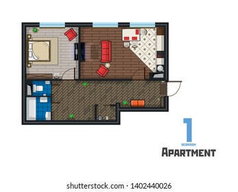 The project is a spacious apartment with one bedroom, wardrobe, kitchen and living room. Floor layout with repair, furniture and appliances. The inscription apartment. Vector illustration top view