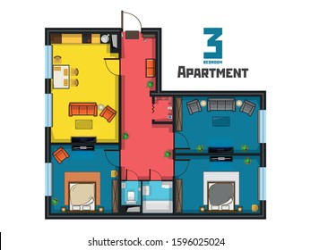 The project is a spacious apartment with three bedrooms, a wardrobe, a kitchen and a living room. Colorful juicy floor plan with renovation, furniture and appliances.  Vector top view