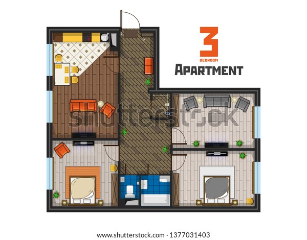 Project Spacious Apartment Three Bedrooms Wardrobe Stock Vector