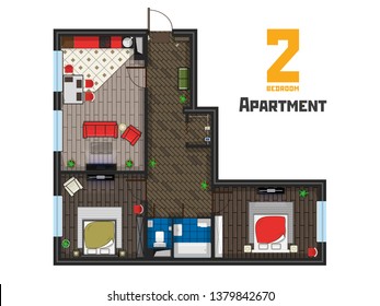 The project is a spacious apartment with two bedrooms, wardrobe, kitchen and living room. Floor layout with repair, furniture and appliances. The inscription apartment. Vector illustration top view