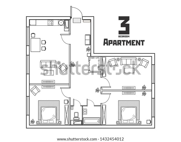 Project Spacious Blackwhite Apartment Three Bedrooms Stock Vector