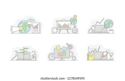 Project start up business strategy. Starting of new project, rocket launch on laptop, business planning vector illustration