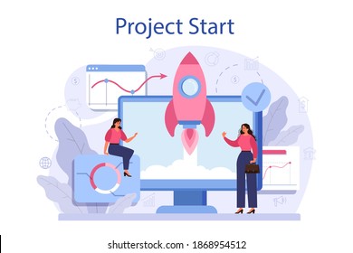 Project start concept. Start up business development idea. Entrepreneurship concept. Idea of project planning, promotion, management and marketing. Vector illustration in cartoon style