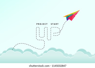 Project start up concept with colorful paper plane in low poly design flying through the sky. Abstract and creative vector illustration.