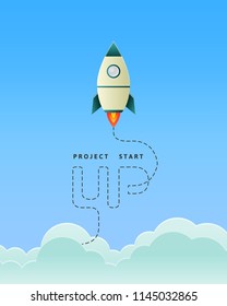 Project start up concept with rocket flying through the sky
