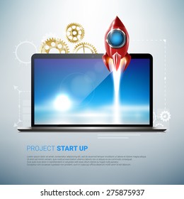 Project start up concept. Rocket launch from laptop. Realistic elements. Realistic laptop. Realistic rocket. Realistic start-up concept. Laptop illustration. Rocket vector illustration. Future concept