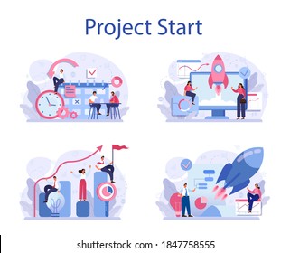 Project start concept set. Start up business development idea. Entrepreneurship concept. Idea of project planning, promotion, management and marketing. Vector illustration in cartoon style
