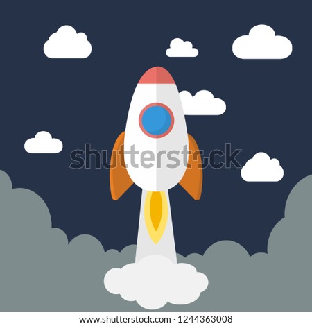  Project start up new business.Startup concept illustration. Space rocket launch. Cartoon flat vector illustration.