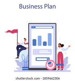 El proyecto inicia el servicio o plataforma en línea. Iniciar la idea de desarrollo empresarial. Concepto de emprendimiento. Plan de negocios en línea. Ilustración del vector