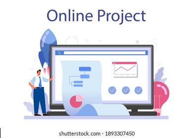 El proyecto inicia el servicio o plataforma en línea. Iniciar la idea de desarrollo empresarial. Concepto de emprendimiento. Proyecto en línea. Ilustración del vector