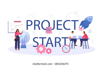 Project start typographic header. Start up business development idea. Entrepreneurship concept. Idea of project planning, promotion, management and marketing. Vector illustration in cartoon style
