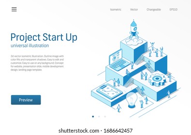 Project Start Up. Business people teamwork. Success startup modern isometric line illustration. Development process, innovation product, rocket launch vector icon. Growth step infographic concept.