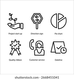 Project start up, Direction sign, Pie chart, Quality ribbon, Customer service, Dateline, icon, Line icon Set