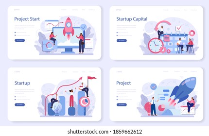 Project Start Web Banner Or Landing Page Set. Start Up Business Development Idea. Entrepreneurship Concept. Idea Of Project Planning, Promotion, Management. Vector Illustration In Cartoon Style