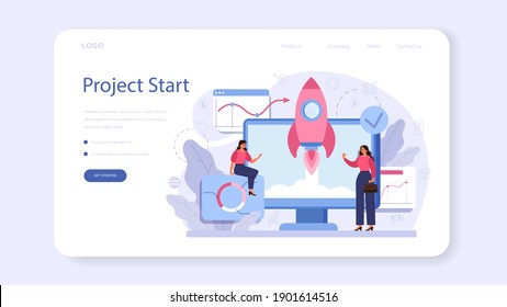 Project start web banner or landing page. Start up business development idea. Entrepreneurship concept. Idea of project planning, promotion, management. Vector illustration in cartoon style